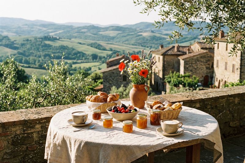 Colazione servita su una terrazza in pietra con vista sulle colline