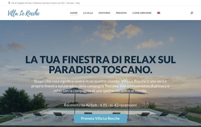 La home page del sito di Villa Le Rocche realizzato da Turbo Business, con il bottone Prenota Villa Le Rocche