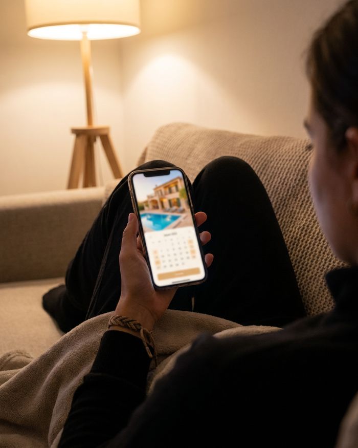 Una persona sul divano prenota una villa con piscina dal telefono